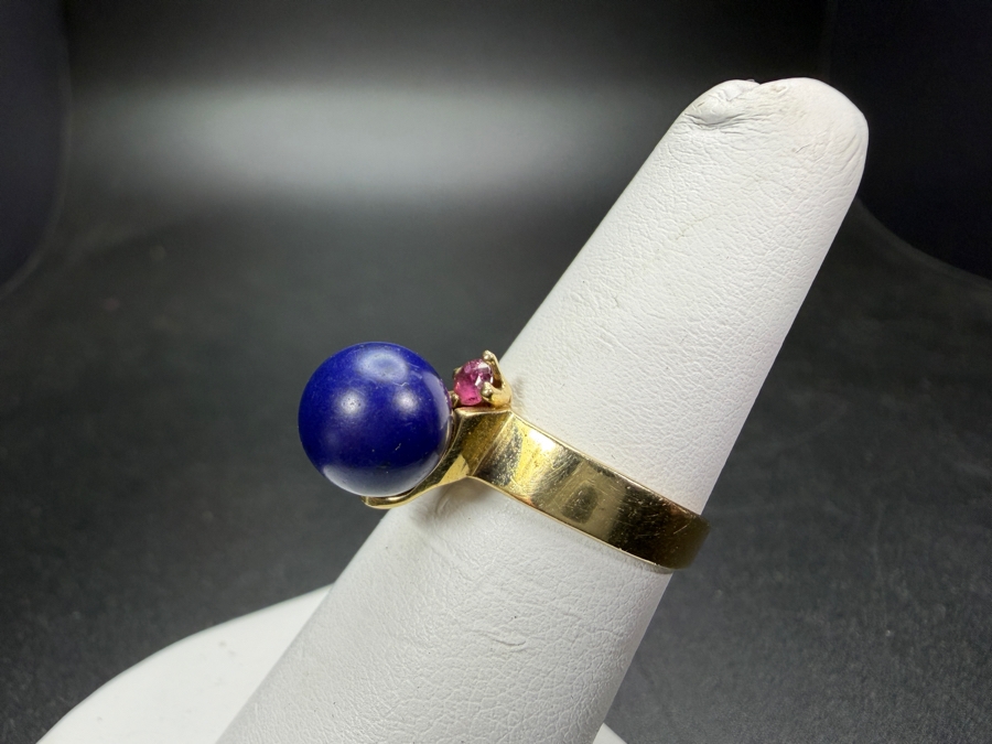 Just Added - Vintage Womens 14K Yellow Gold Ring Spherical Lapis Lazuli Cabochon Marquise Cut Pink Tourmaline Accent Size 6 Total Weight 3.3g [Photo 4]