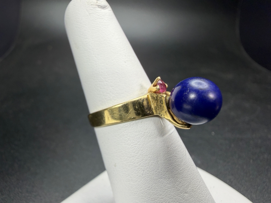 Just Added - Vintage Womens 14K Yellow Gold Ring Spherical Lapis Lazuli Cabochon Marquise Cut Pink Tourmaline Accent Size 6 Total Weight 3.3g [Photo 2]