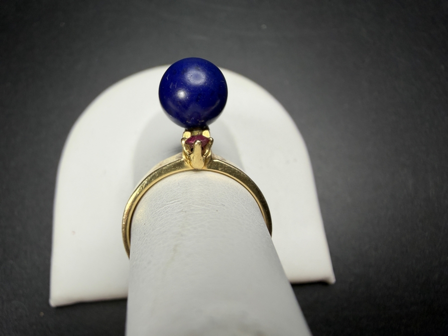 Just Added - Vintage Womens 14K Yellow Gold Ring Spherical Lapis Lazuli Cabochon Marquise Cut Pink Tourmaline Accent Size 6 Total Weight 3.3g [Photo 6]