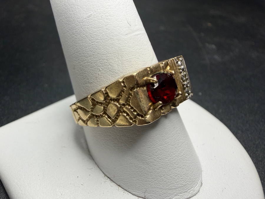 Just Added - Vintage Mens 10K Yellow Gold Nugget Ring Oval Cut Red Garnet Single Accent Diamond Size 10.5 Total Weight 3.8g [Photo 3]