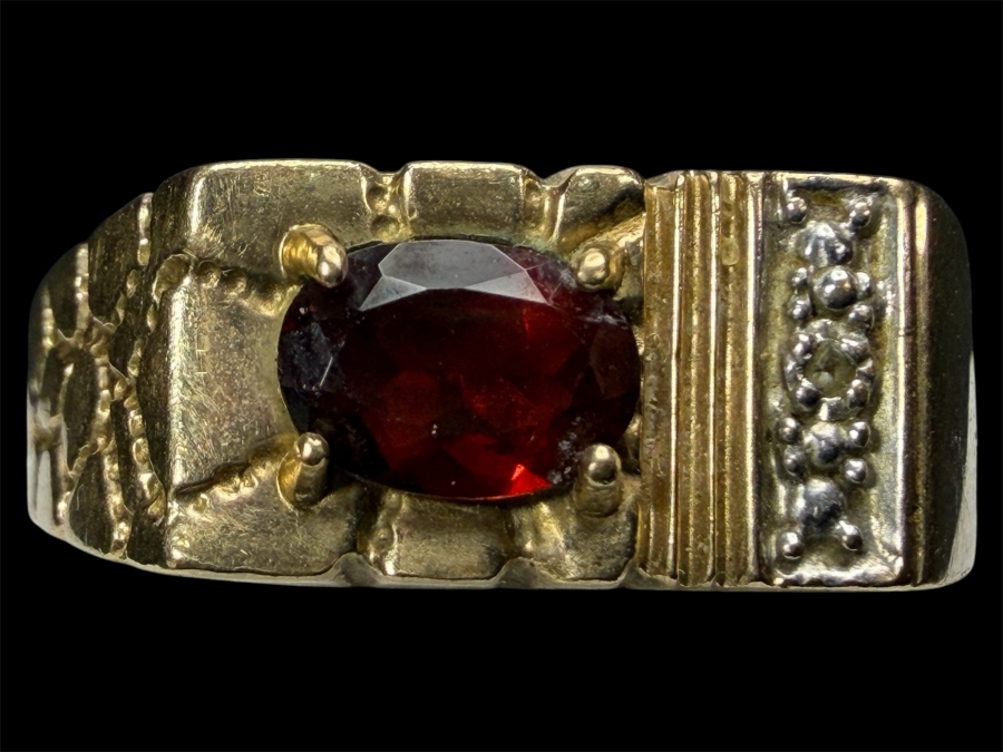 Just Added - Vintage Mens 10K Yellow Gold Nugget Ring Oval Cut Red Garnet Single Accent Diamond Size 10.5 Total Weight 3.8g