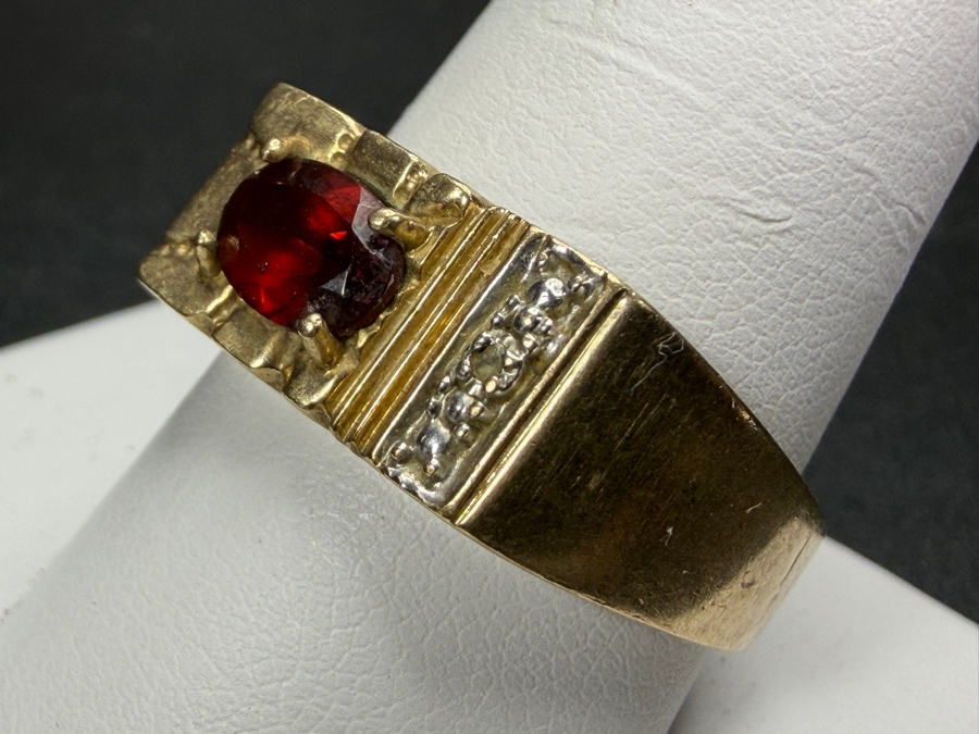 Just Added - Vintage Mens 10K Yellow Gold Nugget Ring Oval Cut Red Garnet Single Accent Diamond Size 10.5 Total Weight 3.8g [Photo 5]