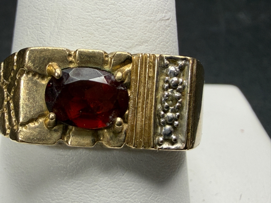 Just Added - Vintage Mens 10K Yellow Gold Nugget Ring Oval Cut Red Garnet Single Accent Diamond Size 10.5 Total Weight 3.8g [Photo 6]