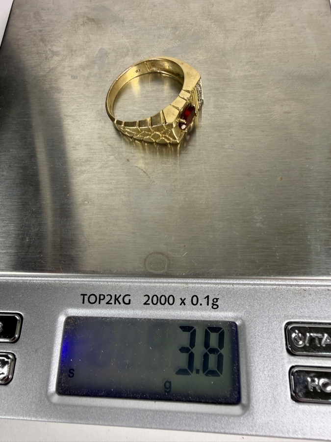 Just Added - Vintage Mens 10K Yellow Gold Nugget Ring Oval Cut Red Garnet Single Accent Diamond Size 10.5 Total Weight 3.8g [Photo 12]