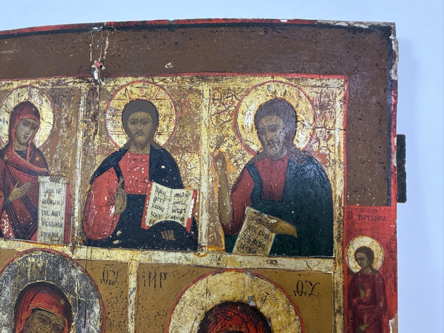 Just Added - Antique Mid 19th Century Russian Orthodox Two Register Icon Deisis Feodorovskaya Mother Of God Guardian Angel St Tatiana Wood Panel Purchased From Sotheby Parke Bernet Auction House In 1971 12' X 14'  [Photo 6]