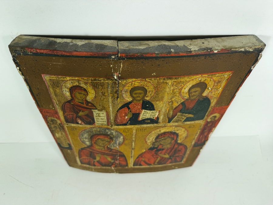 Just Added - Antique Mid 19th Century Russian Orthodox Two Register Icon Deisis Feodorovskaya Mother Of God Guardian Angel St Tatiana Wood Panel Purchased From Sotheby Parke Bernet Auction House In 1971 12' X 14'  [Photo 15]