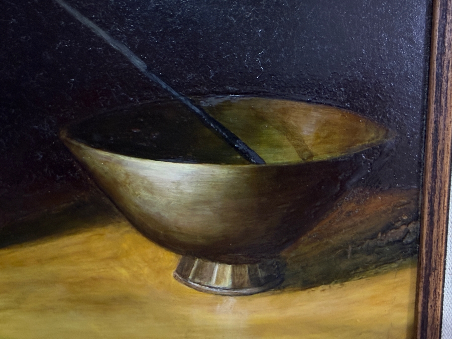 Just Added - Original Tabletop Brass Horn Vase And Bowl Still Life Oil Painting On Canvas In Vintage Frame Signed Grant 1980 20' X 16' Framed: 26.5' X 22.5' [Photo 6]