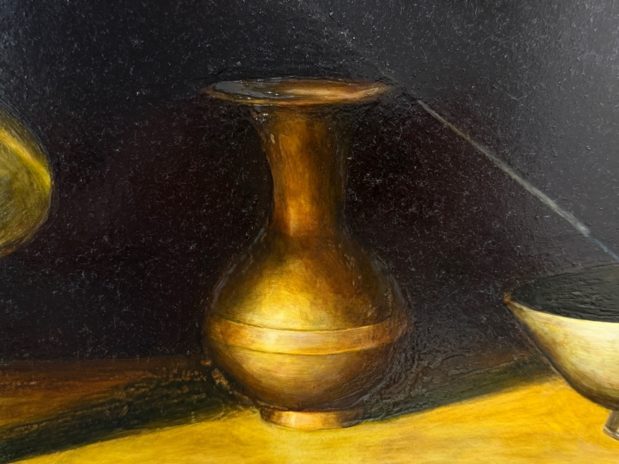 Just Added - Original Tabletop Brass Horn Vase And Bowl Still Life Oil Painting On Canvas In Vintage Frame Signed Grant 1980 20' X 16' Framed: 26.5' X 22.5' [Photo 5]