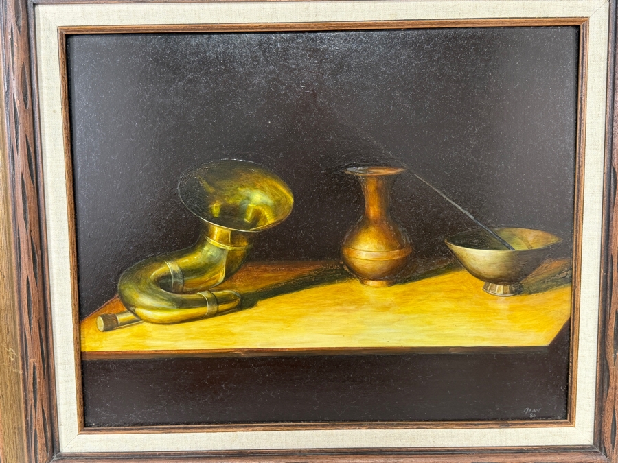 Just Added - Original Tabletop Brass Horn Vase And Bowl Still Life Oil Painting On Canvas In Vintage Frame Signed Grant 1980 20' X 16' Framed: 26.5' X 22.5' [Photo 2]