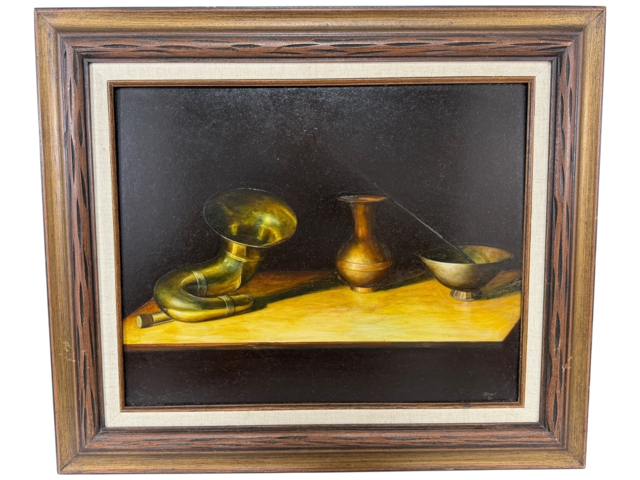 Just Added - Original Tabletop Brass Horn Vase And Bowl Still Life Oil Painting On Canvas In Vintage Frame Signed Grant 1980 20' X 16' Framed: 26.5' X 22.5'