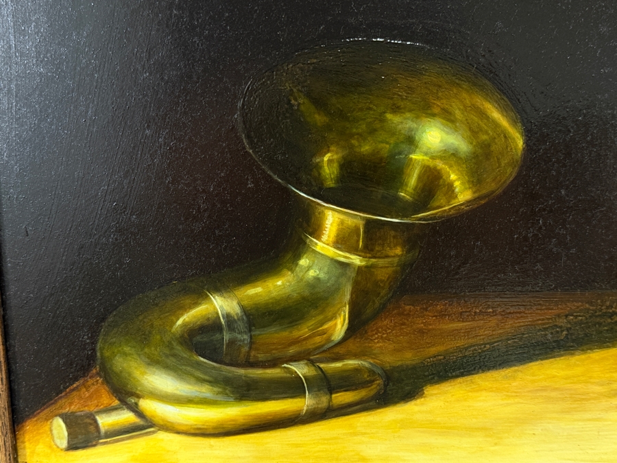 Just Added - Original Tabletop Brass Horn Vase And Bowl Still Life Oil Painting On Canvas In Vintage Frame Signed Grant 1980 20' X 16' Framed: 26.5' X 22.5' [Photo 4]