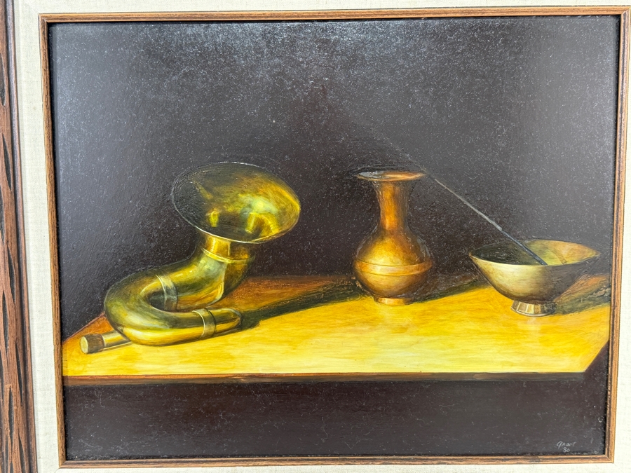 Just Added - Original Tabletop Brass Horn Vase And Bowl Still Life Oil Painting On Canvas In Vintage Frame Signed Grant 1980 20' X 16' Framed: 26.5' X 22.5' [Photo 3]
