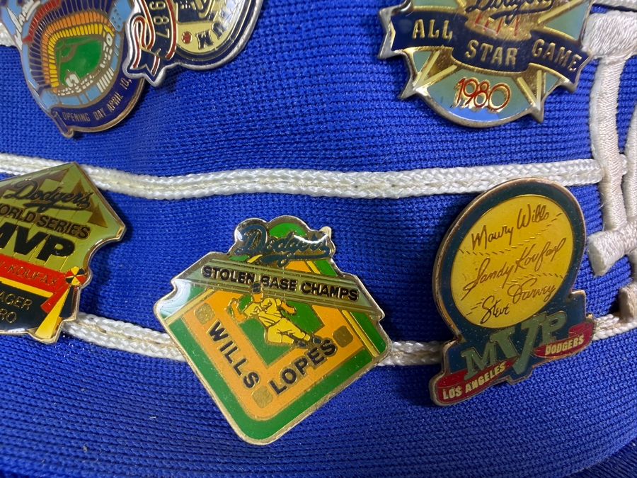 Just Added - Vintage Sports Specialties Los Angeles Dodgers Blue Pillbox Bucket Hat With Assorted 1980s Souvenir Collector Pins [Photo 3]