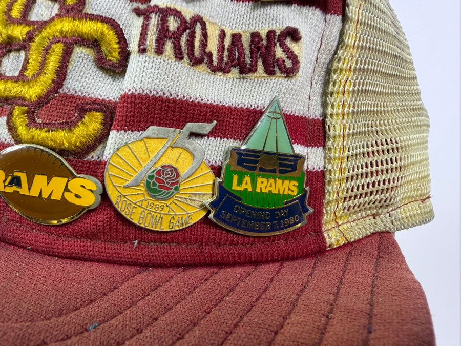 Just Added - Vintage USC Trojans Cardinal Striped Mesh Trucker Snapback Hat Loaded With 1980s Los Angeles Sports Collector Pins [Photo 3]