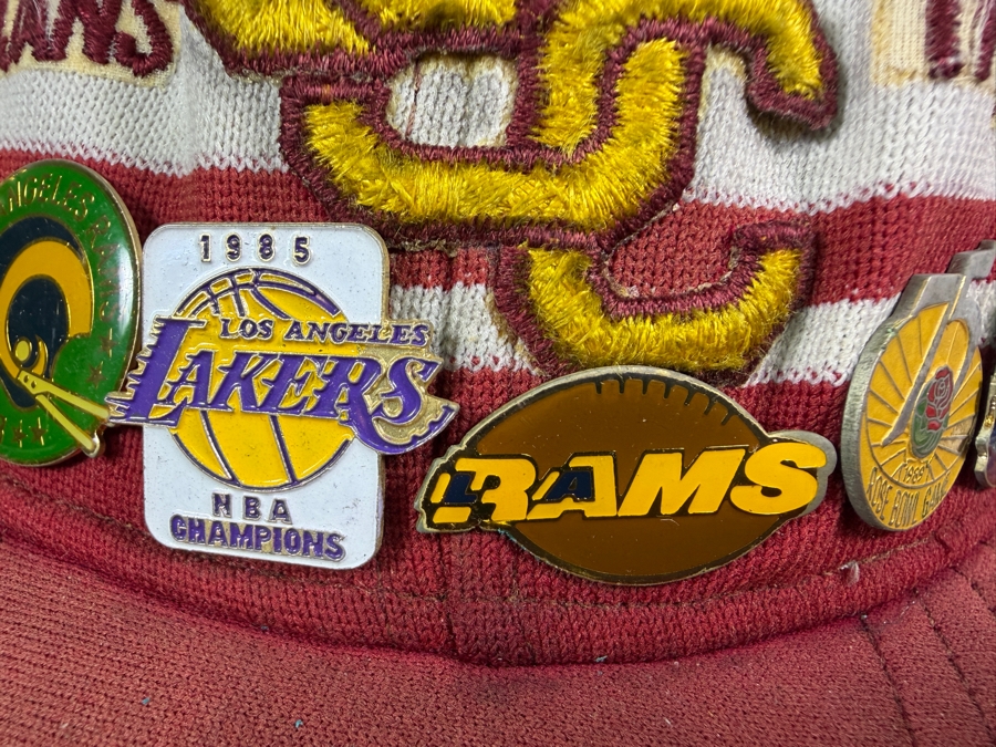 Just Added - Vintage USC Trojans Cardinal Striped Mesh Trucker Snapback Hat Loaded With 1980s Los Angeles Sports Collector Pins [Photo 4]