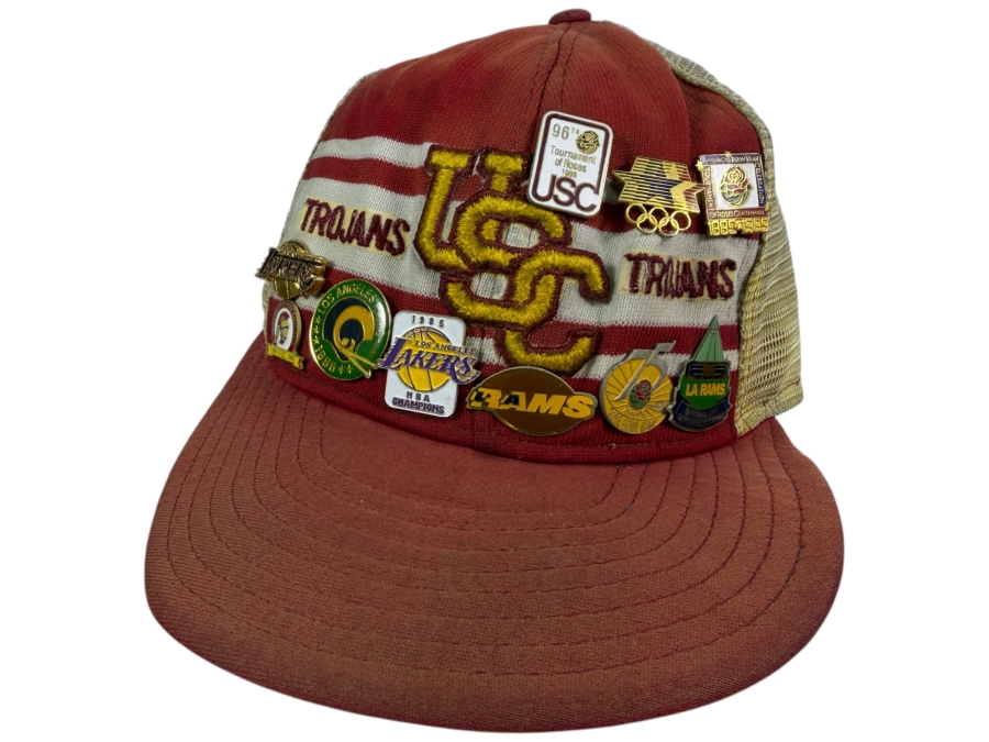 Just Added - Vintage USC Trojans Cardinal Striped Mesh Trucker Snapback Hat Loaded With 1980s Los Angeles Sports Collector Pins