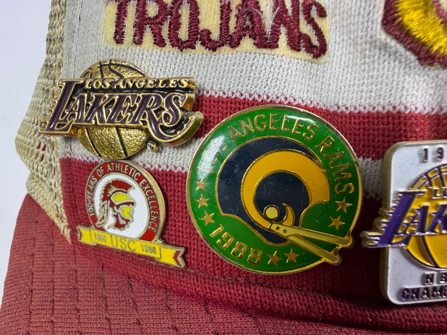 Just Added - Vintage USC Trojans Cardinal Striped Mesh Trucker Snapback Hat Loaded With 1980s Los Angeles Sports Collector Pins [Photo 5]