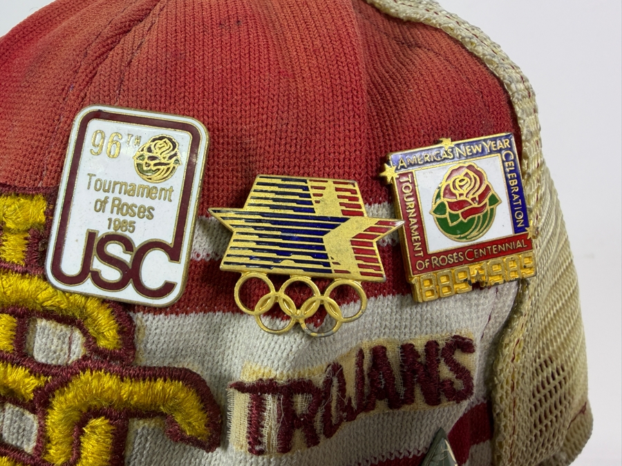 Just Added - Vintage USC Trojans Cardinal Striped Mesh Trucker Snapback Hat Loaded With 1980s Los Angeles Sports Collector Pins [Photo 2]