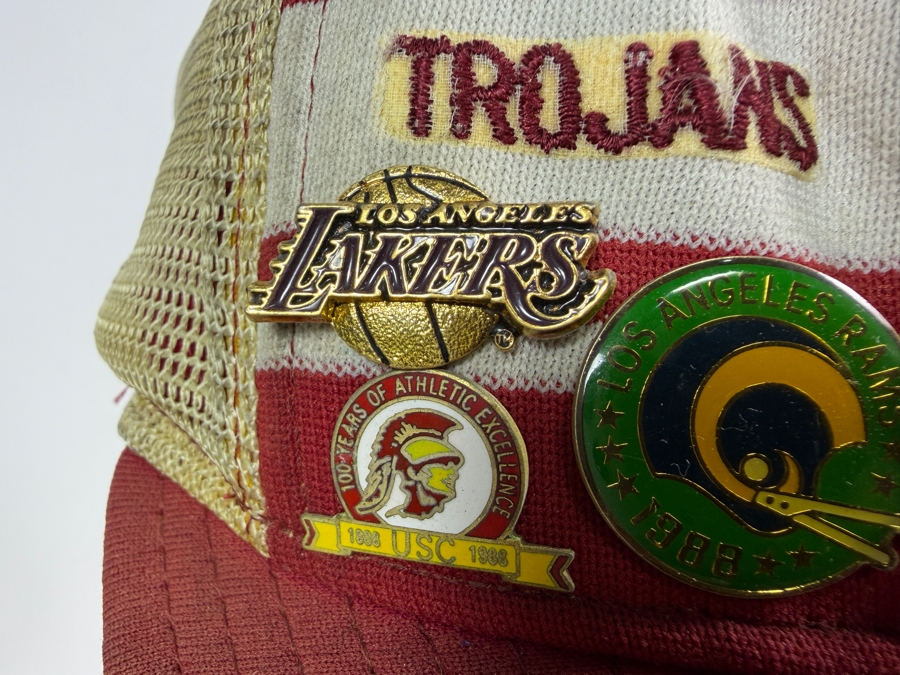 Just Added - Vintage USC Trojans Cardinal Striped Mesh Trucker Snapback Hat Loaded With 1980s Los Angeles Sports Collector Pins [Photo 6]