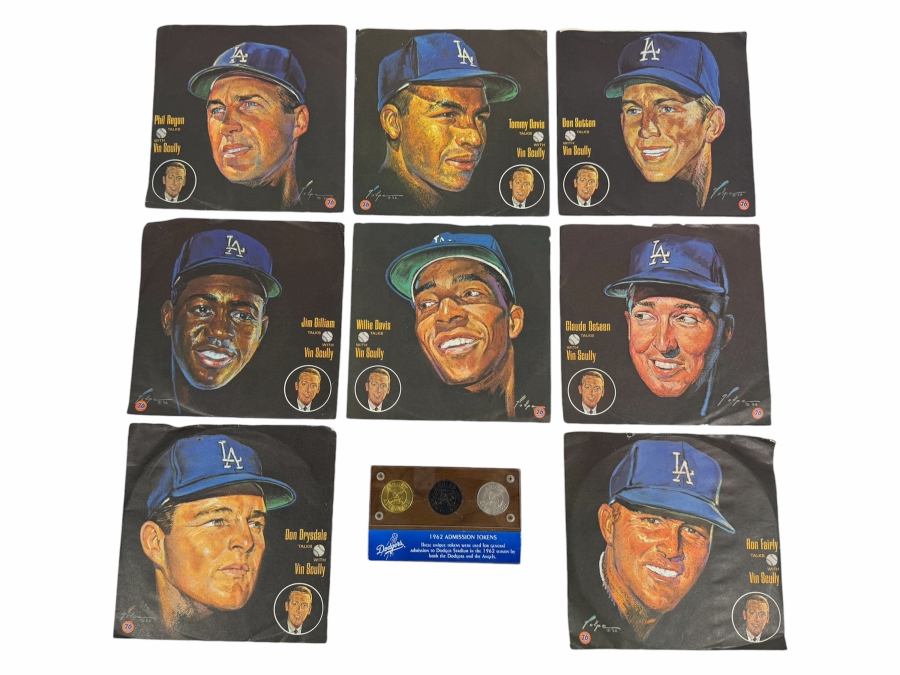 Just Added - Vintage 1962 Los Angeles Dodgers Stadium Grand Opening Ticket Admission Tokens Set Plus Eight Union 76 Vin Scully Vinyl Records