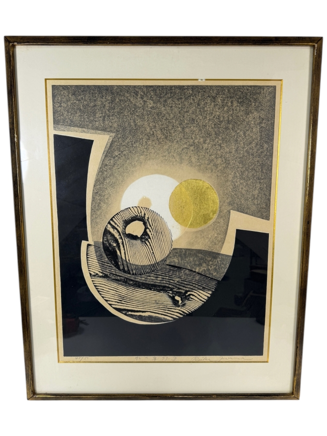 Just Added - Reika Iwami 1979 Original Abstract Woodblock Print Water Motif Gold Leaf Embossing Signed Limited Edition 45/50 18' X 24' Framed: 25' X 31'