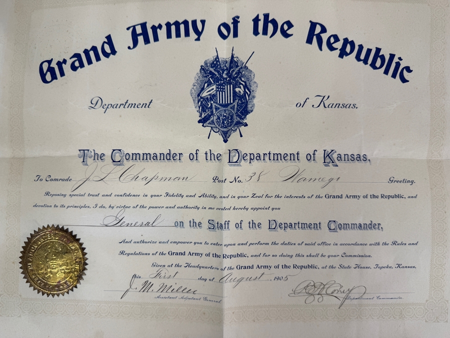 Just Added - Civil War Grouping 14th New York Heavy Artillery Soldier John L Chapman Discharge Certificate, Grand Army of the Republic (GAR) Documents (10) Reunion Ribbons and Pair of Grand Army of the Republic (GAR) Ribbons [Photo 13]