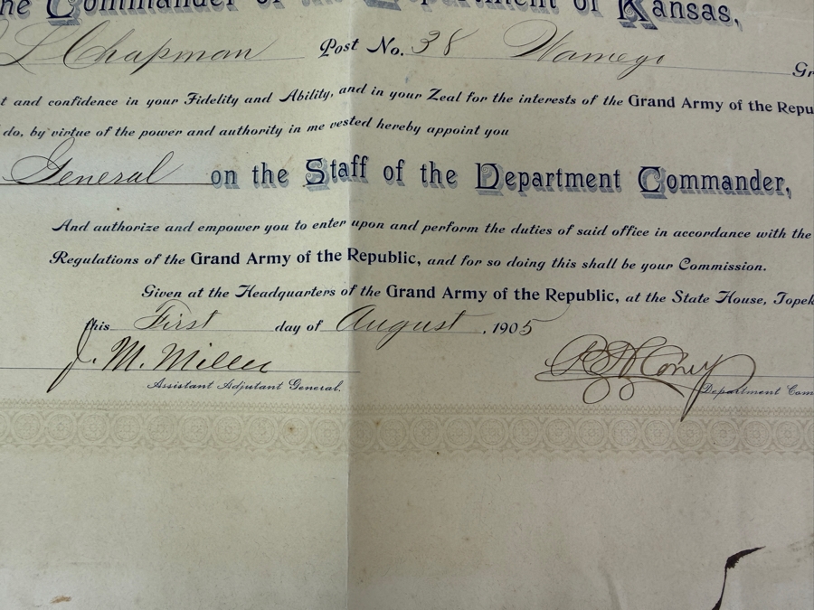 Just Added - Civil War Grouping 14th New York Heavy Artillery Soldier John L Chapman Discharge Certificate, Grand Army of the Republic (GAR) Documents (10) Reunion Ribbons and Pair of Grand Army of the Republic (GAR) Ribbons [Photo 14]