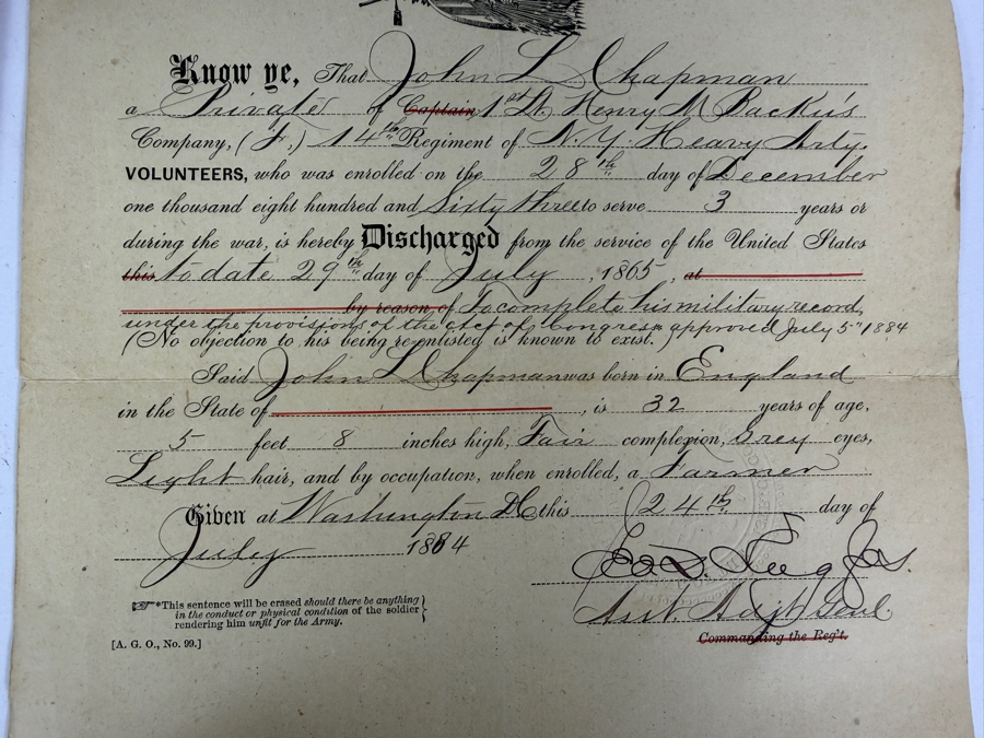 Just Added - Civil War Grouping 14th New York Heavy Artillery Soldier John L Chapman Discharge Certificate, Grand Army of the Republic (GAR) Documents (10) Reunion Ribbons and Pair of Grand Army of the Republic (GAR) Ribbons [Photo 10]