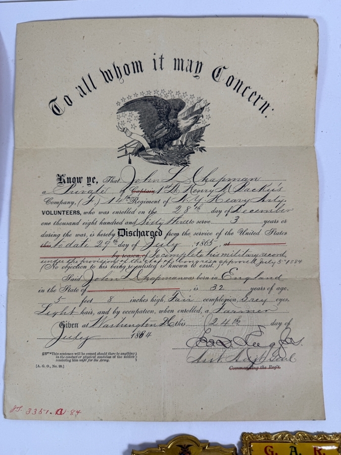 Just Added - Civil War Grouping 14th New York Heavy Artillery Soldier John L Chapman Discharge Certificate, Grand Army of the Republic (GAR) Documents (10) Reunion Ribbons and Pair of Grand Army of the Republic (GAR) Ribbons [Photo 8]
