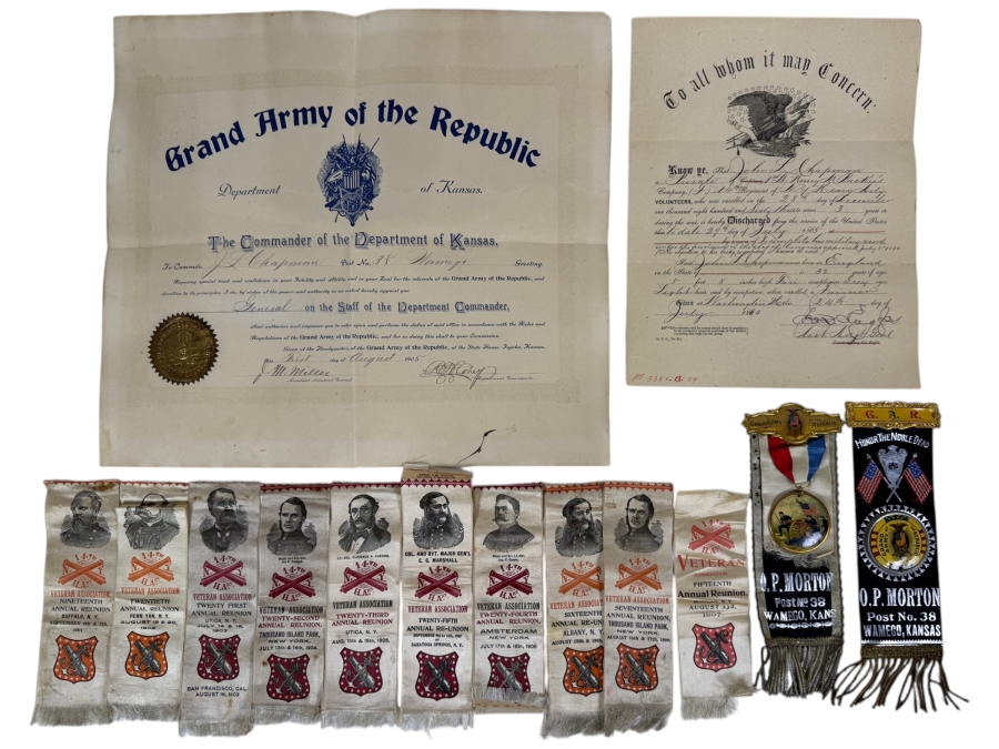 Just Added - Civil War Grouping 14th New York Heavy Artillery Soldier John L Chapman Discharge Certificate, Grand Army of the Republic (GAR) Documents (10) Reunion Ribbons and Pair of Grand Army of the Republic (GAR) Ribbons