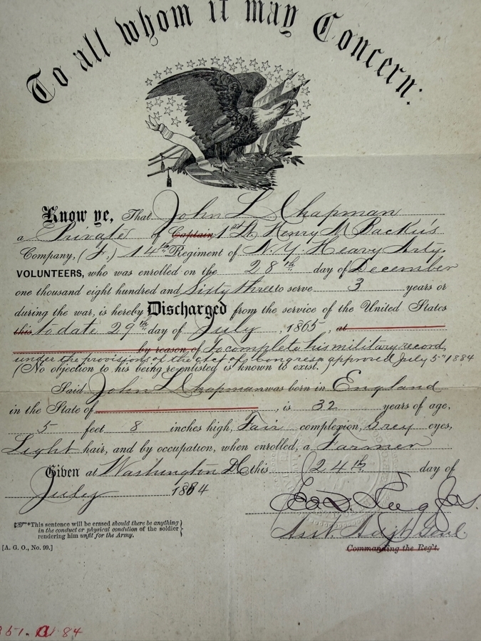 Just Added - Civil War Grouping 14th New York Heavy Artillery Soldier John L Chapman Discharge Certificate, Grand Army of the Republic (GAR) Documents (10) Reunion Ribbons and Pair of Grand Army of the Republic (GAR) Ribbons [Photo 9]