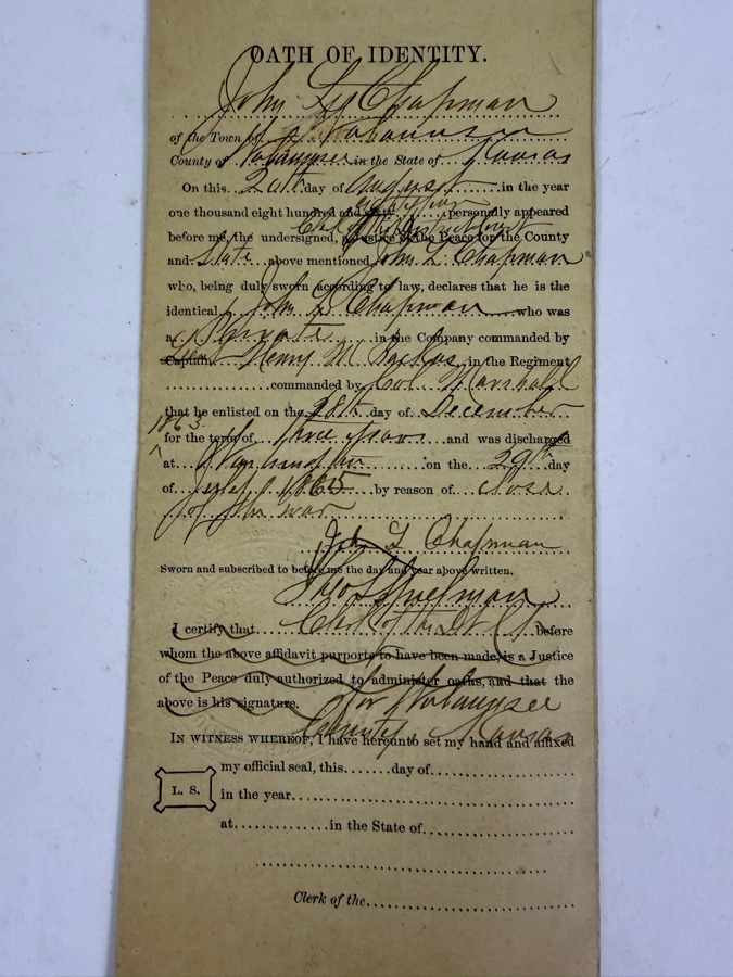Just Added - Civil War Grouping 14th New York Heavy Artillery Soldier John L Chapman Discharge Certificate, Grand Army of the Republic (GAR) Documents (10) Reunion Ribbons and Pair of Grand Army of the Republic (GAR) Ribbons [Photo 20]