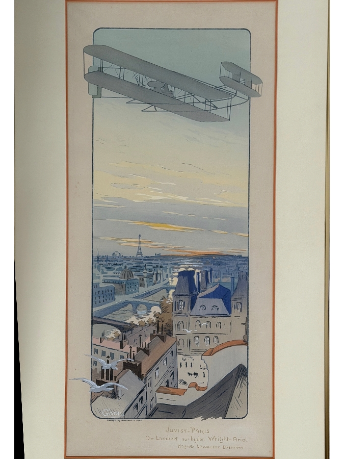 Just Added - Marguerite Gamy Montaut Antique French Pochoir Lithograph Juvisy Paris De Lambert Sur Biplan Wright Ariel Published Mabileau 1909 15' X 34' Framed: 23' X 40' [Photo 2]