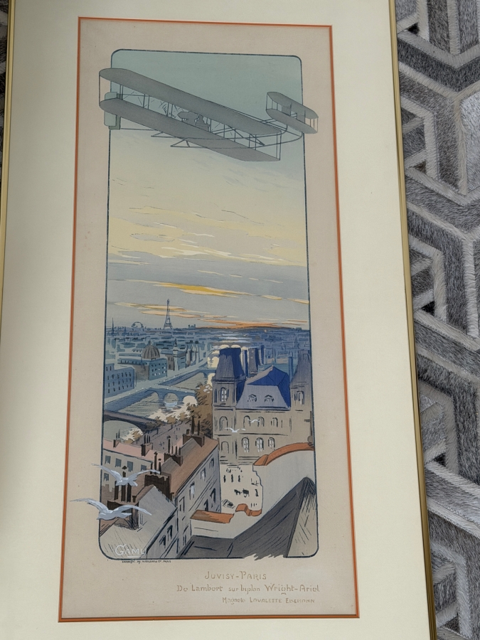 Just Added - Marguerite Gamy Montaut Antique French Pochoir Lithograph Juvisy Paris De Lambert Sur Biplan Wright Ariel Published Mabileau 1909 15' X 34' Framed: 23' X 40' [Photo 3]
