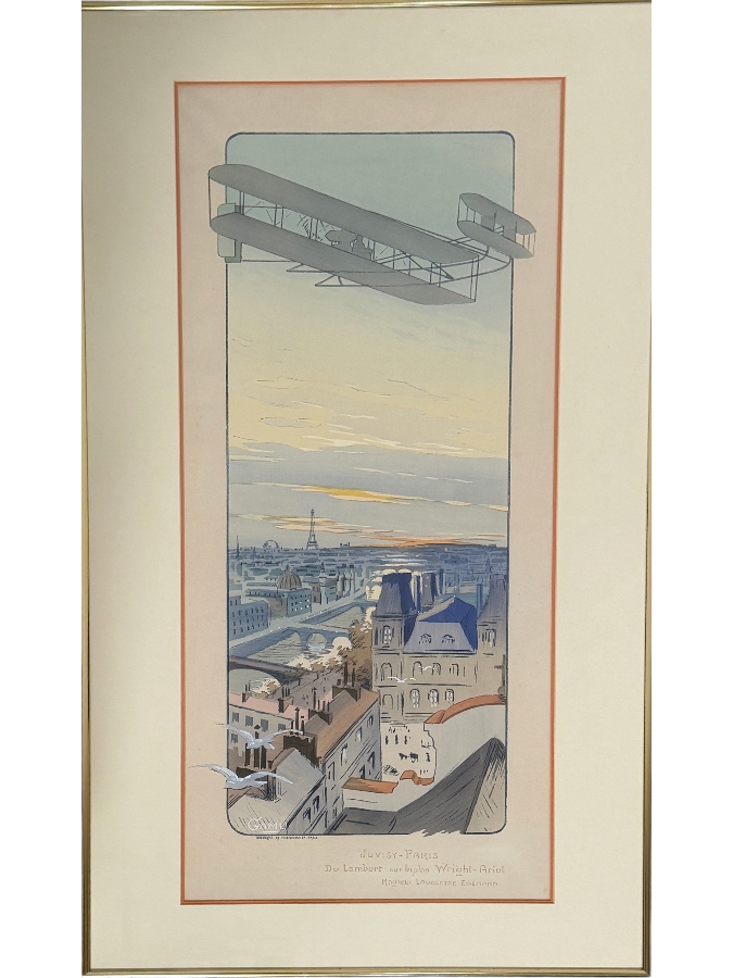 Just Added - Marguerite Gamy Montaut Antique French Pochoir Lithograph Juvisy Paris De Lambert Sur Biplan Wright Ariel Published Mabileau 1909 15' X 34' Framed: 23' X 40'