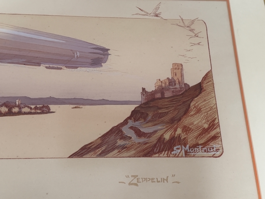 Just Added - Ernest Montaut Antique French Pochoir Lithograph Zeppelin Airship Aloft Over Lake Landscape Published Mabileau Circa 1910 34' X 16' Framed: 40' X 23' [Photo 4]