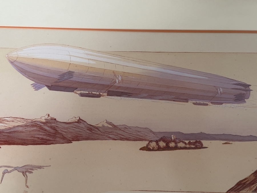 Just Added - Ernest Montaut Antique French Pochoir Lithograph Zeppelin Airship Aloft Over Lake Landscape Published Mabileau Circa 1910 34' X 16' Framed: 40' X 23' [Photo 6]