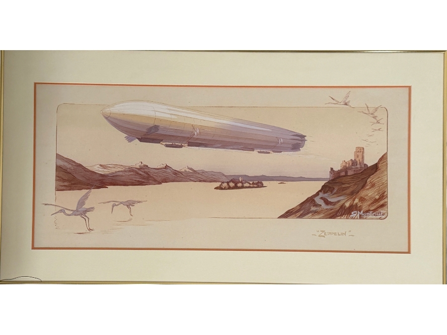 Just Added - Ernest Montaut Antique French Pochoir Lithograph Zeppelin Airship Aloft Over Lake Landscape Published Mabileau Circa 1910 34' X 16' Framed: 40' X 23'
