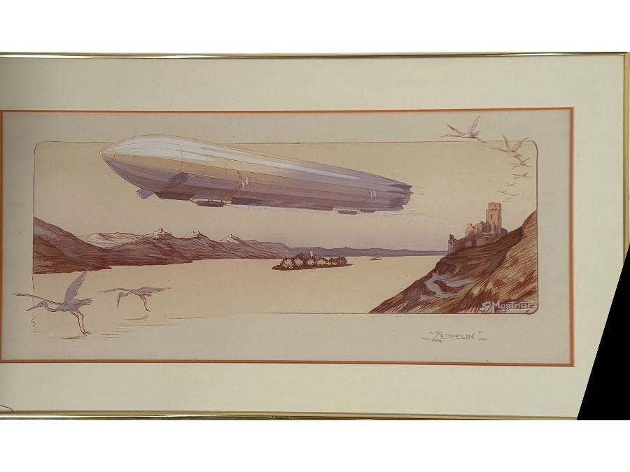 Just Added - Ernest Montaut Antique French Pochoir Lithograph Zeppelin Airship Aloft Over Lake Landscape Published Mabileau Circa 1910 34' X 16' Framed: 40' X 23' [Photo 2]