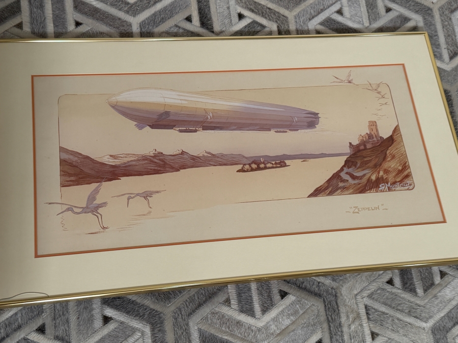 Just Added - Ernest Montaut Antique French Pochoir Lithograph Zeppelin Airship Aloft Over Lake Landscape Published Mabileau Circa 1910 34' X 16' Framed: 40' X 23' [Photo 3]