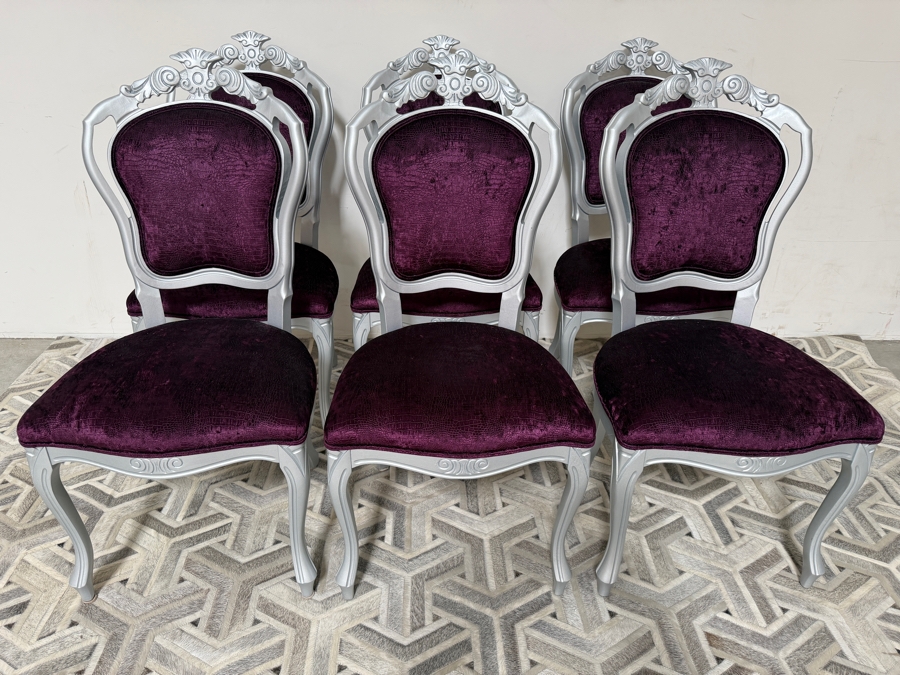 Just Added - Hollywood Regency Baroque Style Silver Lacquered Dining Chairs Deep Purple Seats With Velvet Zebra Print Backs Set Of Six 20.5'W X 18'D X 41.5'H [Photo 4]