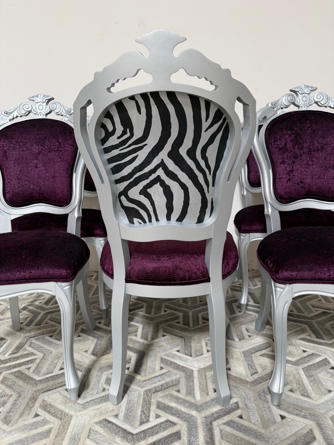 Just Added - Hollywood Regency Baroque Style Silver Lacquered Dining Chairs Deep Purple Seats With Velvet Zebra Print Backs Set Of Six 20.5'W X 18'D X 41.5'H [Photo 6]
