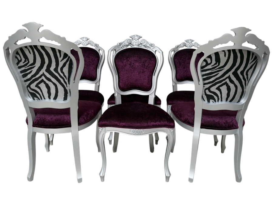 Just Added - Hollywood Regency Baroque Style Silver Lacquered Dining Chairs Deep Purple Seats With Velvet Zebra Print Backs Set Of Six 20.5'W X 18'D X 41.5'H