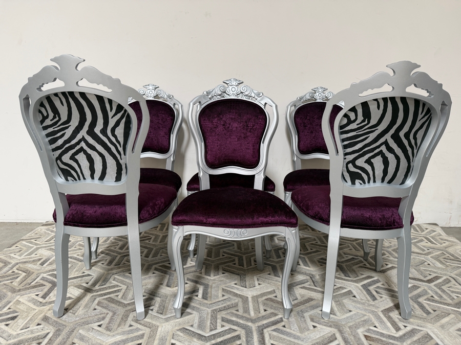Just Added - Hollywood Regency Baroque Style Silver Lacquered Dining Chairs Deep Purple Seats With Velvet Zebra Print Backs Set Of Six 20.5'W X 18'D X 41.5'H [Photo 2]