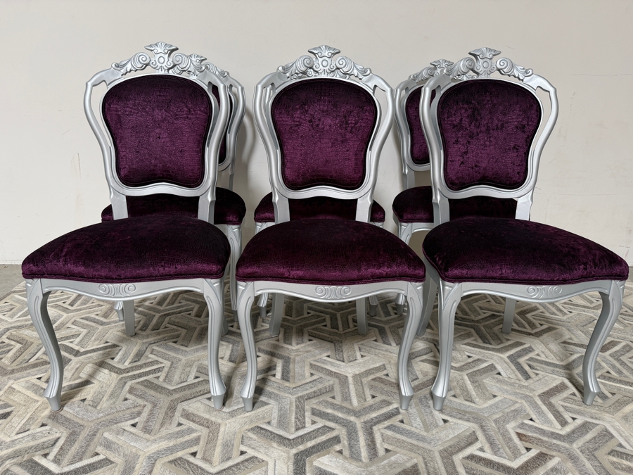 Just Added - Hollywood Regency Baroque Style Silver Lacquered Dining Chairs Deep Purple Seats With Velvet Zebra Print Backs Set Of Six 20.5'W X 18'D X 41.5'H [Photo 3]