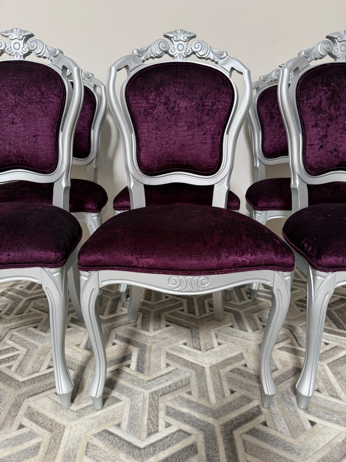 Just Added - Hollywood Regency Baroque Style Silver Lacquered Dining Chairs Deep Purple Seats With Velvet Zebra Print Backs Set Of Six 20.5'W X 18'D X 41.5'H [Photo 5]