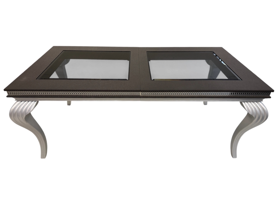 Just Added - Hollywood Regency Baroque Style Black Faux Shagreen Dining Table Dual Inset Glass Panels with Silver Accent Trim (Chairs Selling Separately) 42'W X 78'L X 31'H (With 24' Leaf)