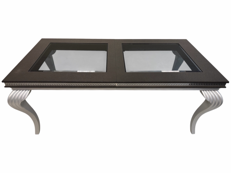 Just Added - Hollywood Regency Baroque Style Black Faux Shagreen Dining Table Dual Inset Glass Panels with Silver Accent Trim (Chairs Selling Separately) 42'W X 78'L X 31'H (With 24' Leaf) [Photo 12]