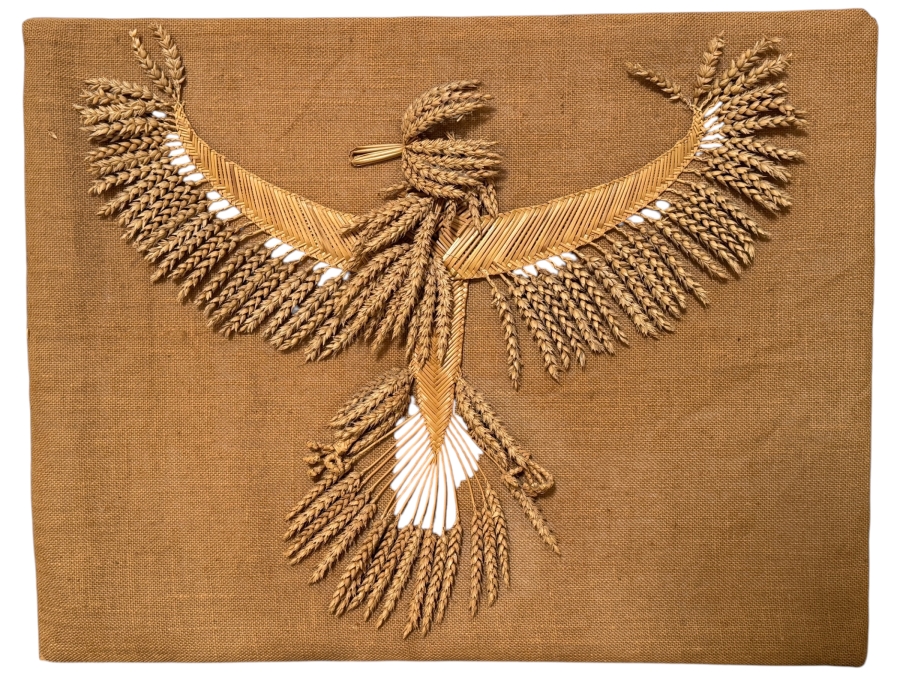 Just Added - Vintage Folk Art Woven Straw Corn Dolly Wheat Sheaf Eagle Bird Sculpture Mounted On Burlap Stretched Canvas Panel 31' X 25' [Photo 8]