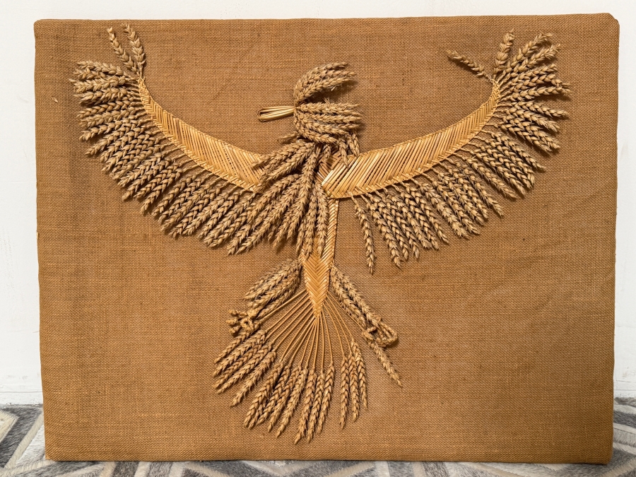 Just Added - Vintage Folk Art Woven Straw Corn Dolly Wheat Sheaf Eagle Bird Sculpture Mounted On Burlap Stretched Canvas Panel 31' X 25' [Photo 2]